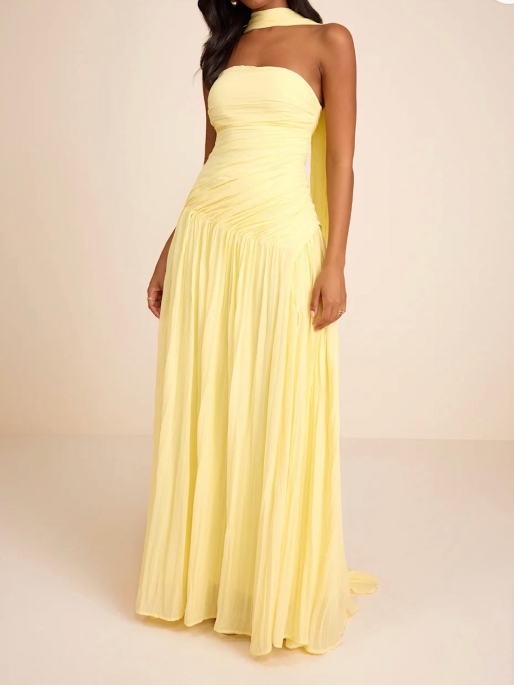 Lulu's Pale Yellow One-Shoulder Chiffon Gown